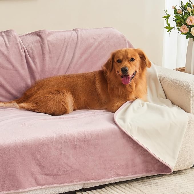Waterproof Blanket 60"x80" for Adults, Reversible Waterproof Bed Cover for Dogs Cats Pets, Soft Leakproof Blanket for Bed Couch Sofa Furniture Protector, Dusty Pink/Off White - Image 4