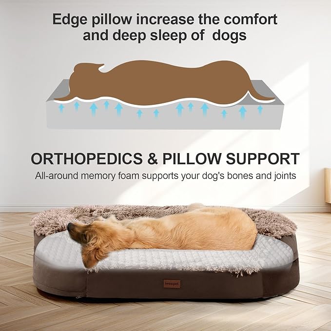 iweepet Fluffy Orthopedic Dog Beds for Large & Extra Large Dogs, 44" Dog Sofa Bed with Supportive 28D Egg-Crate Foam, Removable Washable Cover, Waterproof Lining, for Puppy,Senior,Sick,Brown - Image 5