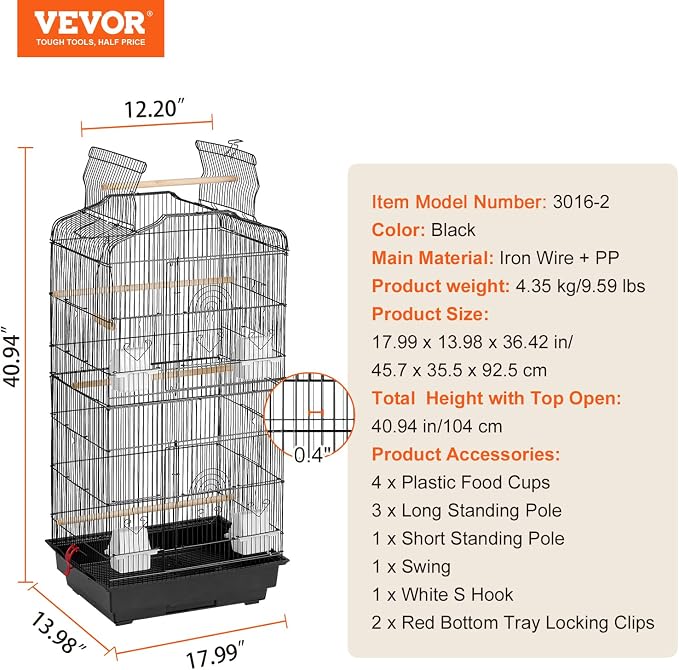 VEVOR 41-inch Open Top Large Parrot Bird Cage, Hanging Bird Cage for Parakeets Finches Canaries Lovebirds Cockatiels Budgies Small Quaker Conures Travel Pet Flight Birdcage with Swing and Perch - Image 7