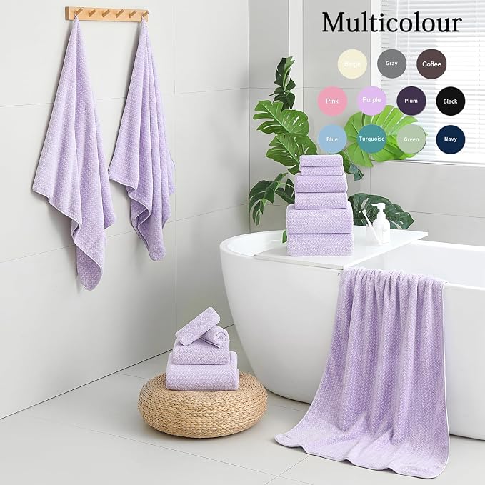 18 Piece Bath Towels Set,100% Microfiber Family Bathroom Towel with Hanging Loops-6 Bath Towels,6 Hand Towels,6 Washcloths,Quick Dry Highly Absorbent Shower Towel for Bathroom,Hotel,Spa-Light Purple - Image 5