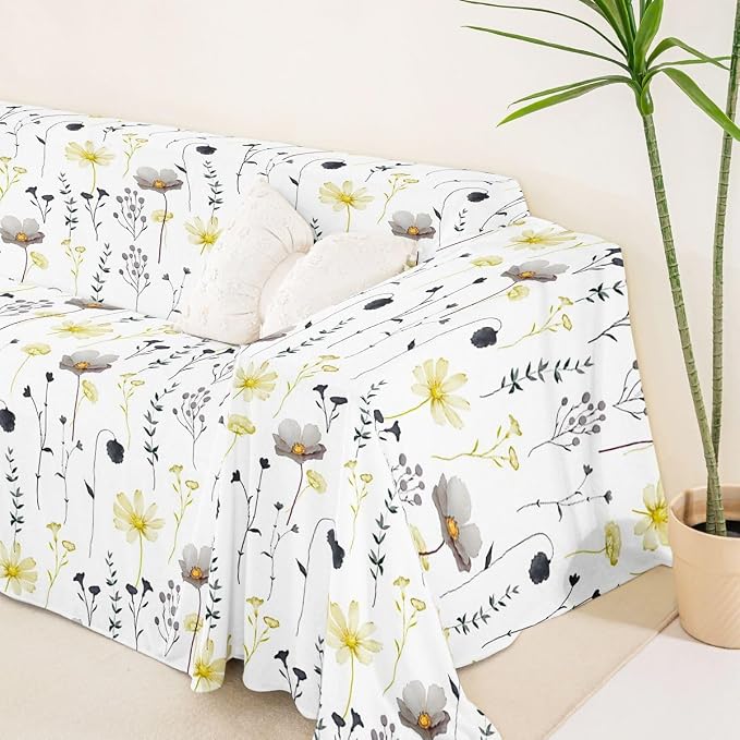 Erosebridal Watercolor Floral Couch Cover Yellow And Grey Flower Sofa Cover Modern Minimalist White Couch Protector For Cushion Couch Sofas Rustic Farmhouse Washable Non Slip Sofa Slipcover, 71" X 91" - Image 5