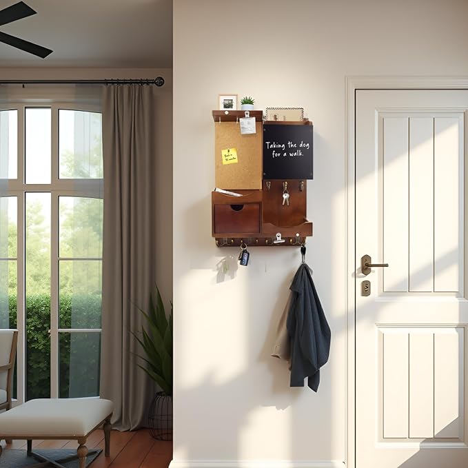 Key Holder Wall Mount， Mail Organizer Key Holder for Wall with Shelf, Drawer, Chalkboard, Corkboard, Home Decor Wall Mounted for Room Entryway(Vintage Brown) - Image 4