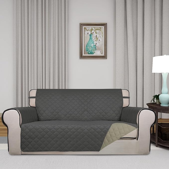 PureFit Reversible Quilted Couch Covers for Dogs Loveseat Sofa Cover 54" | Dark Gray/Beige, Water Resistant Couch Protector, Washable Pet Couch Cover with Non Slip and Elastic Straps For Kids - Image 2
