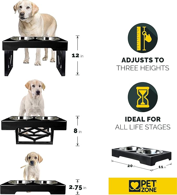 Pet Zone Designer Diner Elevated Dog Bowl Stand, 3 Adjustable Height Levels | Set includes two stainless steel dishes holding up to 7 cups each, raised feeding comfort for growing puppies and big breeds - Image 3