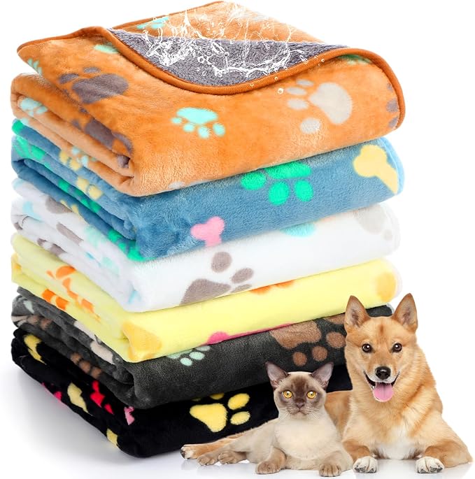 Tegeme 6 Pcs Waterproof Dog Blanket 41 x 30 Inch Paw Print Pet Blanket for Dogs Cats Puppy Washable Soft Fluffy Fleece Rug Flannel Throw Warm Sleep Mat for Kitten Doggy by Tegeme