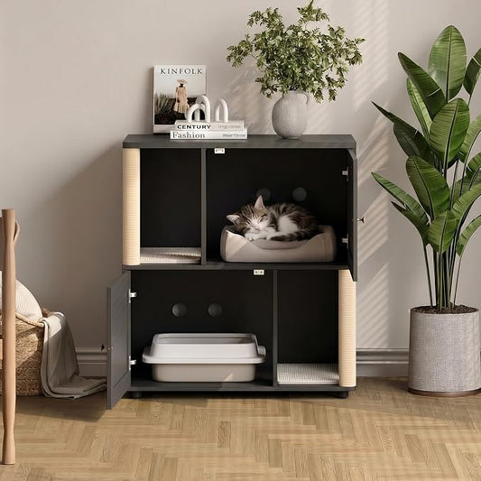 Litter Box Cabinet, Hidden Cat Litter Box Furniture with Dual Compartments, Odor Control & Scratch-Resistant Panels, Compact Enclosure for Multiple Cats, White Black Grey by Doppeltcharms