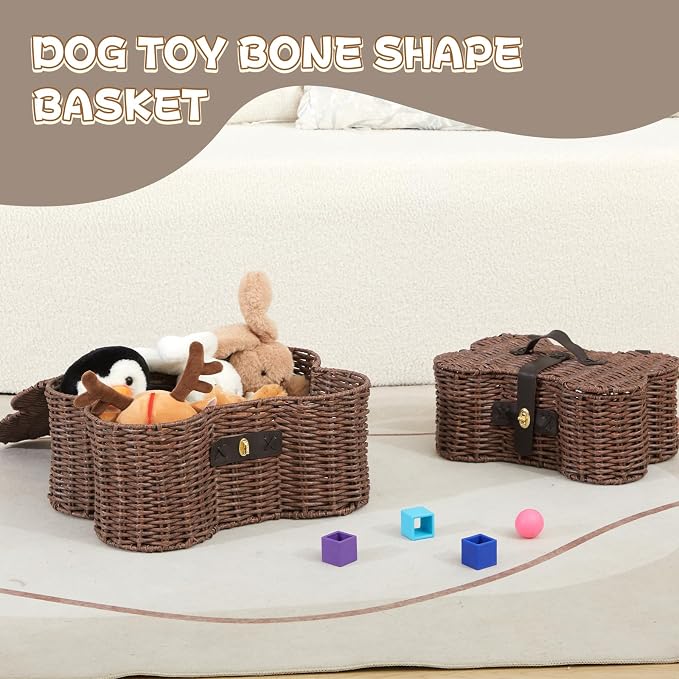 Barydat 2 Set Large Small Dog Toy Basket with Lid Bone Shaped Basket for Dog Natural Wicker Woven Handmade Pet Puppy Toy Organizer and Storage Box Bin for Cats(Wicker,Dark Brown) - Image 3