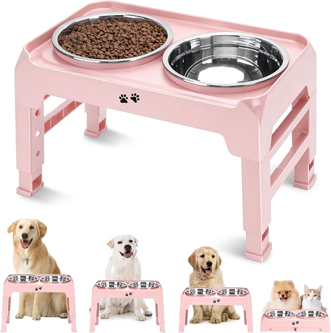 COMESOON Elevated Dog Bowls, 4 Height Adjustable Raised Bowl Stand with 2 Thick 50oz Stainless Steel Food Bowls Non-Slip Feeder Adjusts to 3.7'', 9.2'', 10.75'', 12.36'' Pink by COMESOON