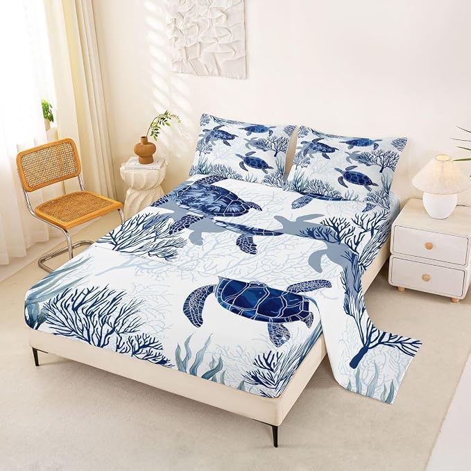 Turtle Sheet Set Twin,White Blue Sea Turtle Bedding Set for Kids Boys Girls,Reptile Tortoise Fitted Sheet Ocean Beach Theme Top Sheet,Hawaiian Coastal Child 3 Pcs Bed Set,1 Flat Sheet, 1 Pillowcase by Erosebridal