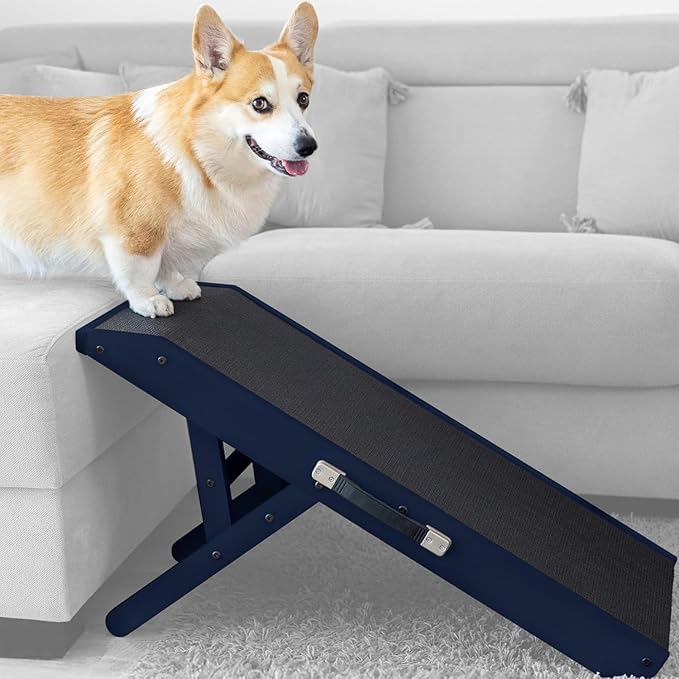 Dog ramp for Couch – Non-Slip, Sturdy Build Foldable Dog ramp – Supports up to 200lbs – Adjustable 7'' to 20'' – Landing Platform Seamlessly Connects – Birchwood Pet Ramp for Small Dogs – Blue