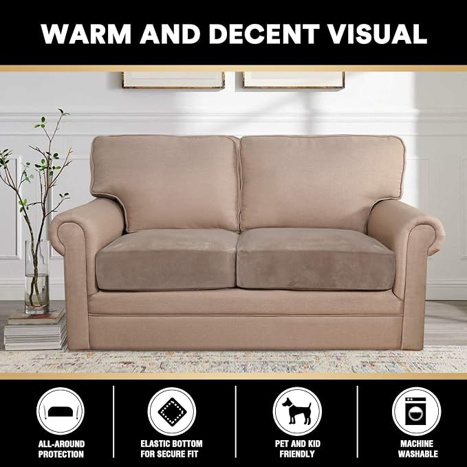 PrinceDeco Velvet Sofa Cushion Covers, Stretch Couch Cushion Covers for Individual Seat Couch Slipcover Sets Furniture Protector for Loveseat Sofa Cushion Width Up to 29.5", Taupe - Image 3