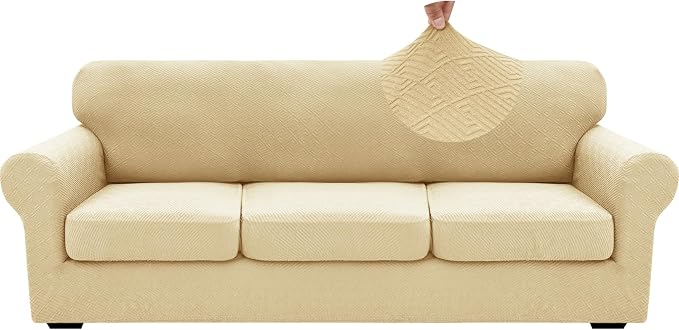 XINEAGE 2026 New 4 Pieces Extra Large Couch Covers for 3 Cushion Sofa Super Stretch Sofa Cover for 3 Large Seat Cushion Universal Fitted Slip Cover for Living Room (Beige), 91"-110"(3 Cushions) - Image 9