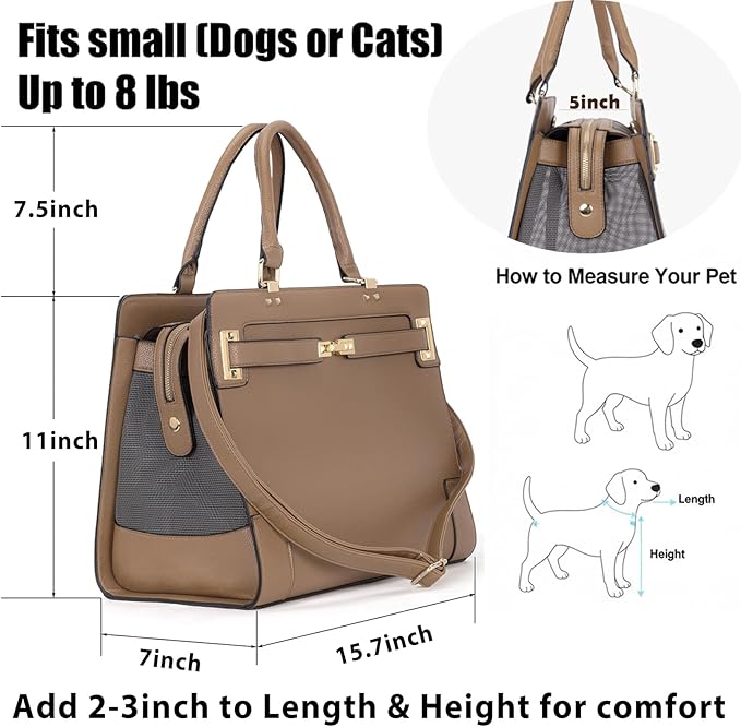 Fashion Pet Carrier Dog Cat Carrier Purse Soft-Sided Leather Handbag Pet Tote Bag for Small Dogs Puppy and Cats TSA Airline Approved (Khaki)