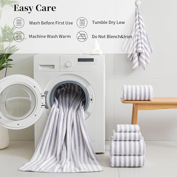 18-Piece Microfiber Bath Towels Set - 6 Bath Sheet, 6 Hand Towels, 6 Washcloths, Soft, Highly Absorbent Bathroom Towel, Quick Dry & Less Lint Shower towel for Bathroom, Hotel, Spa, Dorm-Light Purple - Image 6
