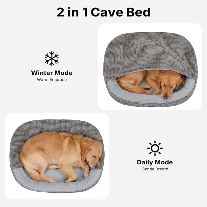 Veehoo 2-in-1 Dog Cave Bed with Cover, Covered Dog Bed for Large Dogs | Hooded blanket, supportive foam, removable washable cover, plush comfort, non-slip bottom - Image 2