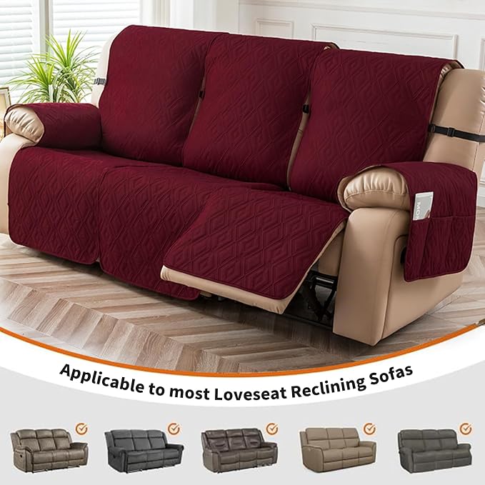 Genina Waterproof Reclining Couch Cover for 3 Seater Non-Slip, Washable Sofa Covers for 3 Cushion, Furniture Protector for Dogs Pets Kids (Wine Red, Recliner) - Image 4