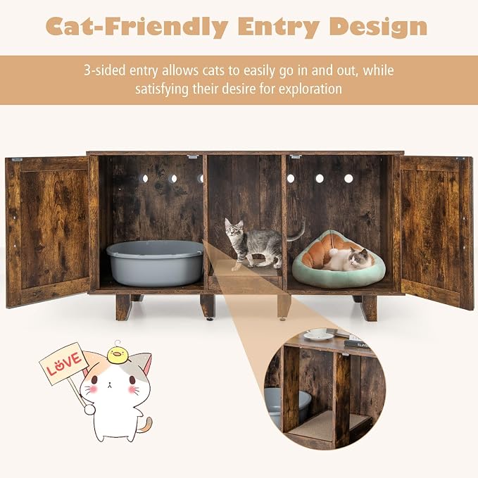 Tangkula Patented Double Cat Litter Box Enclosure for 2 Cats, Large Stackable Hidden Privacy Cat Washroom Cabinet with Scratching Board, Indoor Cat House TV Stand, Litter Box Furniture (Rustic Brown) - Image 8