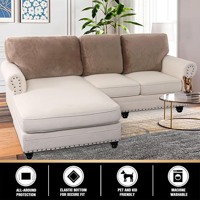 PrinceDeco Sectional Couch Covers Velvet Cushion Covers for Sectional Couch Cushion Covers for Sectional Sofa Separate Sectional Sofa Slipcovers Washable(1 Chaise Back+ 2 Sofa Back,Taupe) - Image 2