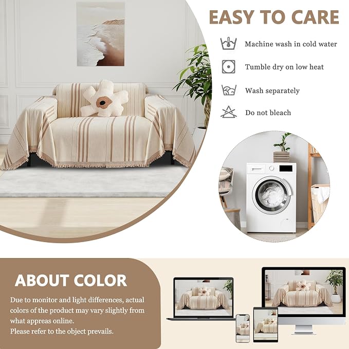 DREAMINGO Armchair Cover Washable Chenille Sofa Protector for Pet Kids Beige Coffee Chair Couch Covers for 1 Cushion Couch Stripe Jacquard Versatile Sofa Throw Slipcover for Futon Couch, 71"x91" - Image 6