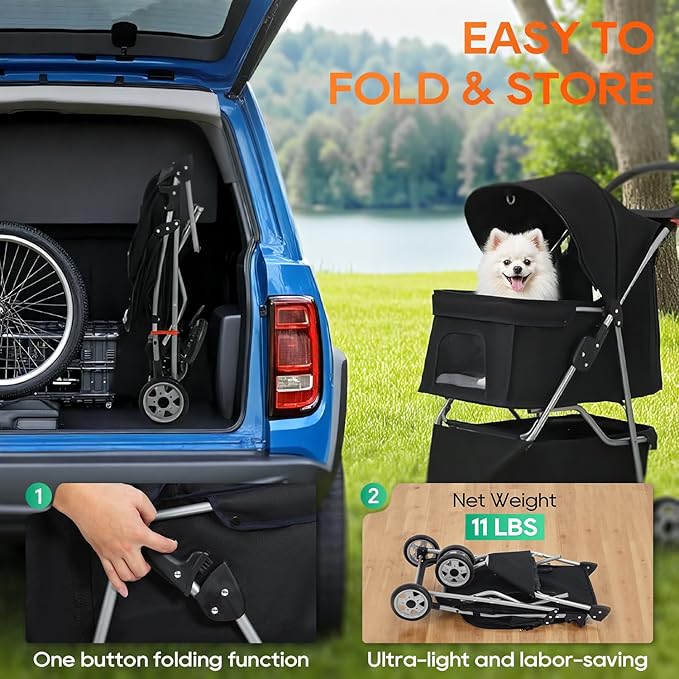 BestPet | 3-Wheel Pet Stroller | Dog and Cat Stroller | Breathable Mesh | Lightweight Travel Carrier | Waterproof & Foldable Design | Storage Basket | Black | for Daily Walks & Outdoor Use