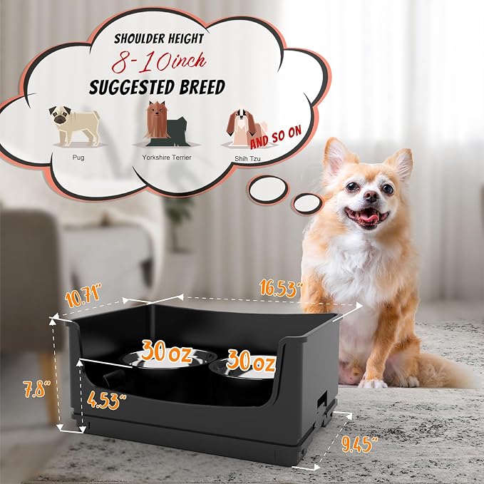 Elevated Dog Bowl Stand Set,Quiet Eating Mess Proof Raised Dog Bowls 2 Stainless Steel Food Bowls,Splash Water Collection Non-Slip Small Cat Feeding Table - Image 2