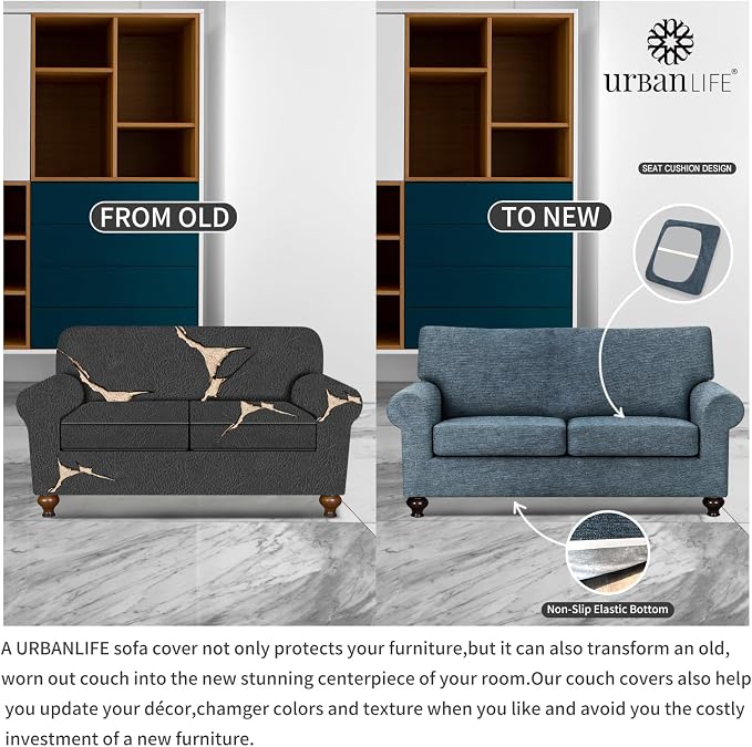 URBANLIFE 3-Piece Stretch Sofa Covers for 2 Cushion Couch, Dusk Blue Gray | Super fitted spandex slipcovers for couches. Non-slip elastic bottom. Machine washable furniture protector for kids & pets. - Image 5