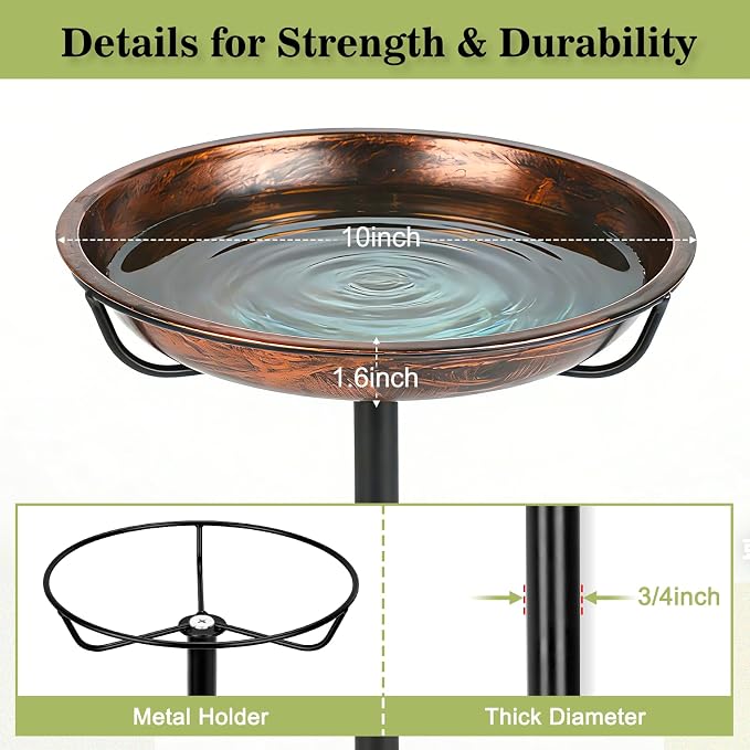 Gtongoko 10" Dia Bowl Small Metal Bird Bath for Outside Heavy Duty, 29" Height Bird Feeder Birdbaths for Outdoors, Garden Bird Bath Bowl with 5-prongs Base - Image 4