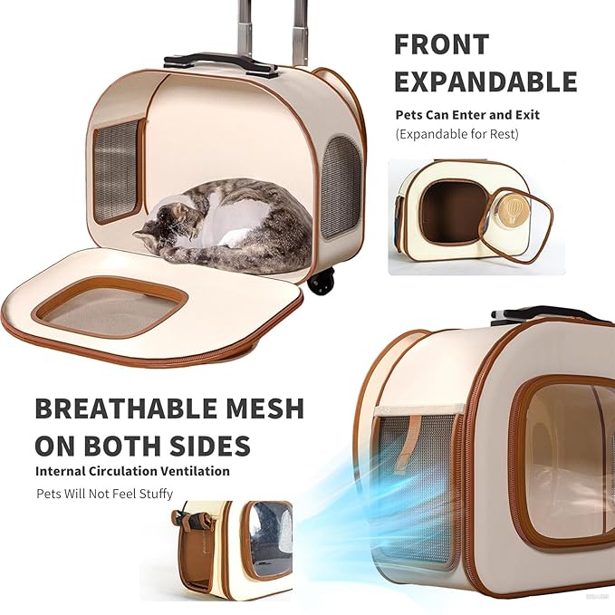 Dog Backpack Carrier with Wheels,Rolling Cat Carrier Backpacks Under 13.2lbs,Breathable,Foldable Pet Backpack for Small Dogs and Medium Cats with Detachable Trolley,Airline Approved