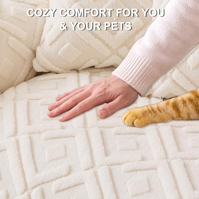KRFOONN Couch Cover for Dogs Non Slip Washable Plush Sofa Protector Beige | Pet Sofa Slipcovers for 3 Cushion Couch, Scratch Resistant, Boho Pet Covers for Couches & Sofas (35.5" x 71") - Image 4