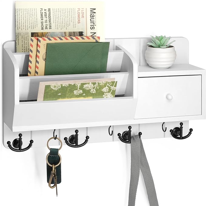 Rebee Vision Key Holder Wall Mount with Mail Organizer for Entryway, White | 3 Mail Sorters, Drawer, 7 Hooks, Sorts Letters, Stores Small Items, Mail and Key Organizer for Wall, Accent for Apartments by REBEEVISION