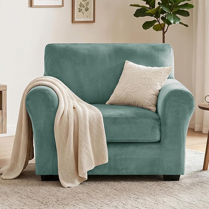 XINEAGE 2-Piece Velvet Armchair Sofa Cover,Couch Covers for Dog,Light Green | 1 Cushion Chair,Stretch Non-slip Elastic, Pet-friendly, Washable, Fast Setup, Soft Plush Fabric, Furniture Protector. - Image 4