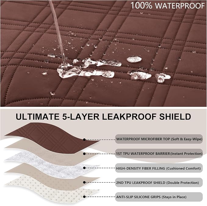 100% Waterproof Couch Cover for Dogs, Washable Anti-Slip Sofa Cover with Elastic Straps & Side Pockets, Quilted Furniture Protector for Kids & Pets (3 Cushion 68", Coffee) - Image 2