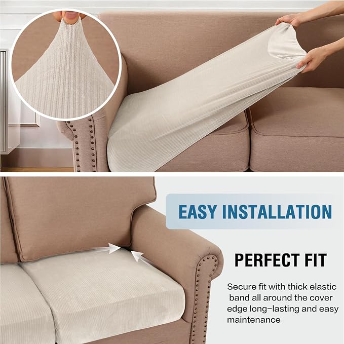 H.VERSAILTEX Velvet Stretch Couch Cushion Cover Plush Cushion Slipcover for Chair Loveseat Sofa Cushion Furniture Protector Seat Cushion Sofa Cover (3 Piece XL Sofa Cushion Covers, Ivory Striped) - Image 4