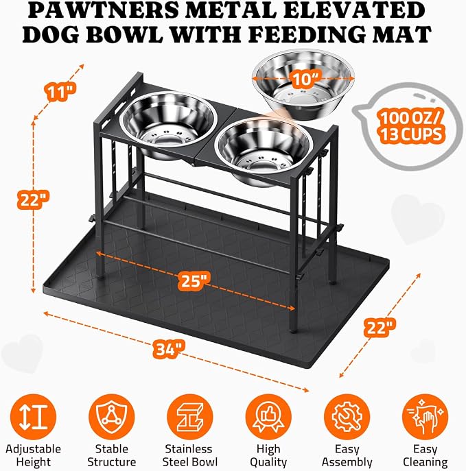 Elevated Dog Bowl for Large Breed, Height Adjustable Feeder with Mat, Black | Adjustable Height at 15°Tilted Angle, Lightweight, Nonslip, All-Iron Structure, Stainless Steel bowls, Easy Assembly Cleaning - Image 6