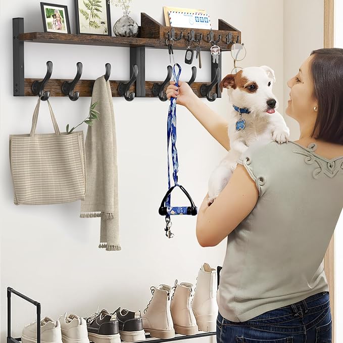 Evermagin 29" Coat Rack Wall Mount with Shelf for Entryway, Rustic Brown | Wall Mounted Coat and Key Rack with Hooks, Key Holder with Mail Organizer for Wall, Living Room, Mudroom, Bedroom - Image 5