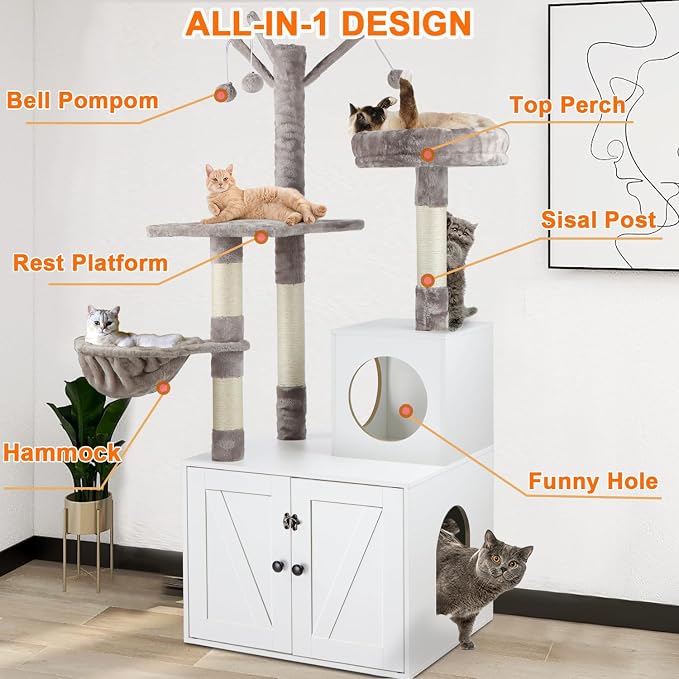 Timberer Litter Box Enclosure with Cat Tree, 2-in-1 Hidden Litter Box Furniture with Scratching Post, Modern Cat Condo, White - Image 2
