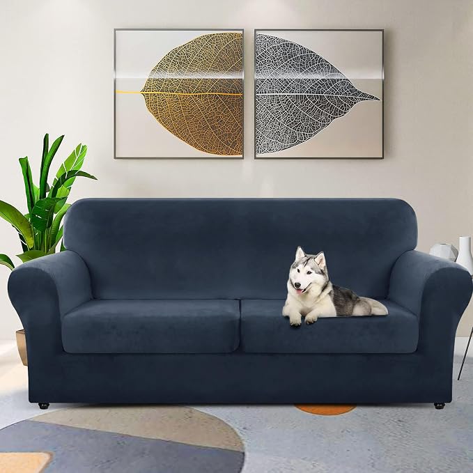 ZNSAYOTX Oversized Velvet 3 Piece Couch Cover with 2 Extra Large Seat Cushion Covers Stretch Sofa Cover for 2 Cushion Couch Thick Loveseat Sofa Slipcover for Living Room (Navy), 72"-92"(2 Cushions) - Image 2