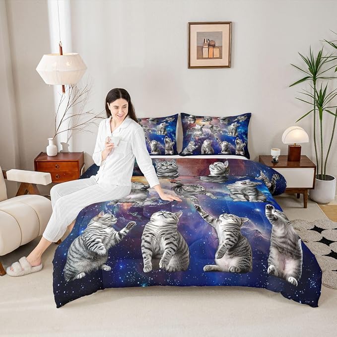 Feelyou Cute Cat Comforter Set Galaxy Cats Pattern Bedding Set for Kids Boys Girls 3D Animal Outer Space Comforter Feline Animal Grey Blue Decor Quilt Set Bedroom Collection 2Pcs Twin Size - Image 5