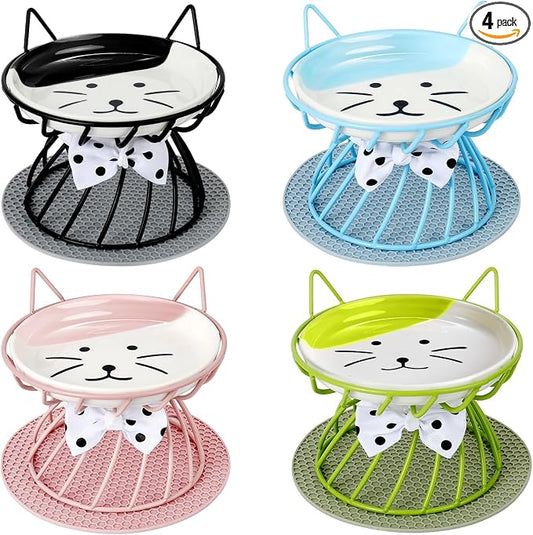 Set of 4 Elevated Ceramic Cat Bowls, Assorted Colors | 4-Piece Bowl Set Detachable Bowls Easy to Clean Non-Slip Pads Premium Ceramic by Trundisan