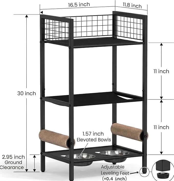 Cat Feeding Station Furniture with Scratching Post, 3-Tier Cat Food Organizer & Storage, Raised Feeding Stand with 2 Stainless Steel Bowls, Space-Saving Cat Shelf for Small Spaces, Black - Image 3