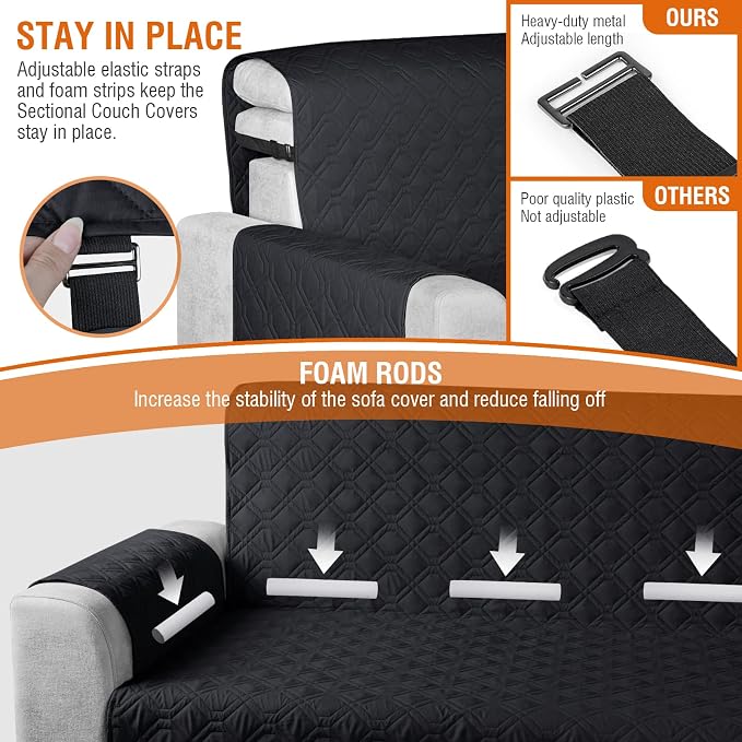 VANSOFY Sectional Couch Covers 100% Waterproof L Shaped Sofa Slipcover 3pcs Reversible Chaise Lounge Cover for Sectional Sofa Furniture Protector Cover for Pets Cat Dog(Large, Blcak) - Image 7