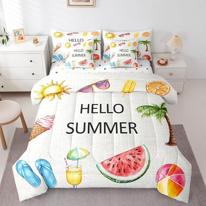 Erosebridal Kids Tropical Beach Comforter Set with Sheets King, Watercolor Coconut Tree Bed in A Bag for Girls Boys Teens Women Bedroom, Summer Fruit Watermelon 7 Pcs Bedding Set, Ice Cream Bed Sets - Image 3