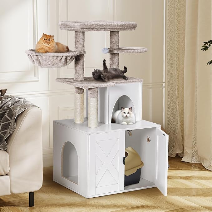 Snughome Cat Litter Box Enclosure with Cat Tree Tower and Condo, Hidden Washroom Furniture with Sisal Scratching Post and Soft Plush Perch, Wooden Cat Furniture with Multiple Platforms, White - Image 4