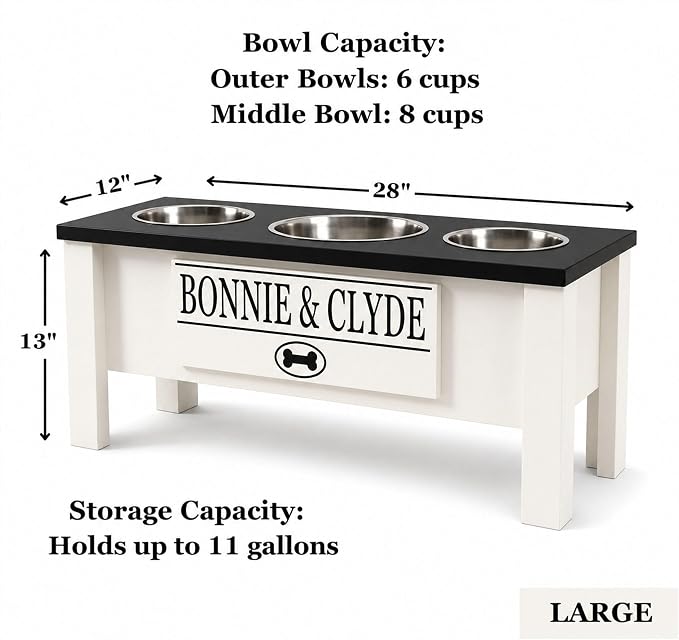 3 Bowl Dog Feeding Station, Personalized Triple Bowl Food Stand Large Dogs | Farmhouse Style, Elevated Wood Stand, Storage Container, Stainless Steel Bowls, Raised Feeder, Large Breed, Made in USA - Image 3