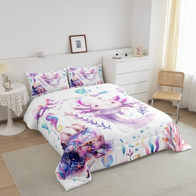 Manfei Cute Axolotl Comforter Set,Kids Salamander Animals Bedding Set Kids Teens Modern Decor,Coral Underwater World Comforter with 1 Pillowcase for All Seasons,Twin - Image 3