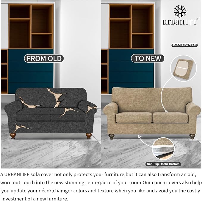 URBANLIFE 3-Piece Stretch Sofa Covers for 2 Cushion Couch, Coffee | Super fitted spandex slipcovers for couches. Non-slip elastic bottom. Machine washable furniture protector for kids & pets. - Image 5