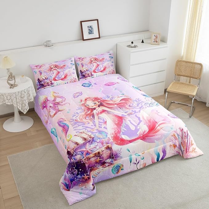 Manfei Mermaid Girls Twin Comforter Set,Watercolor Pink Mermaid Bedding Set for Kids Room Decor,Dreamy Fish Scale Duvet Set,Cute Octopus Blankets,6 Year Old Girl Birthday Gift Ideas - Image 3