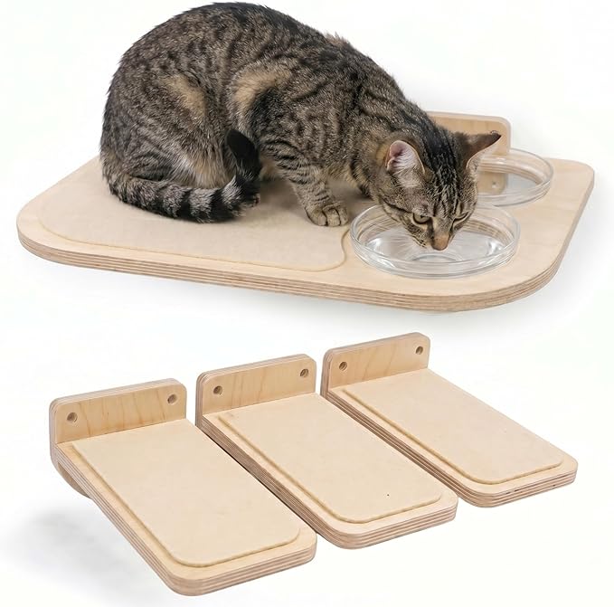 INICIO Cat Shelves - Feeding Shelf with 3 Cat Wall Steps - Natural Wood | Cat Wall Shelves with Wall Mounted Cat Food Bowls - Dog Proof Feeding Station and Convenient Feeder for Cats up to 15lbs by INICIO