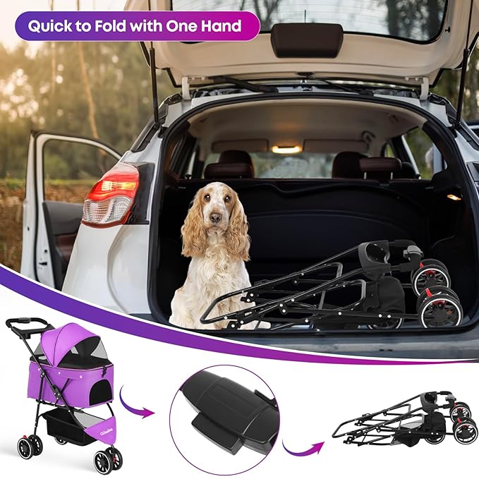 Pet Stroller,Dog Stroller for Small Medium Dogs Cats,3 Wheels,Foldable,with Breathable Mesh Canopy,Cup Holders,Easy Assembly,Purple