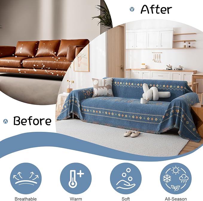 VClife Boho Couch Cover Blue Geometric Jacquard Pattern Sofa Cover, 1 Piece Large Couch Covers for 3 Cushion Couch Sofa Washable Plush Chenille Sofa Protector for Living Room, 71x134 Inch - Image 4